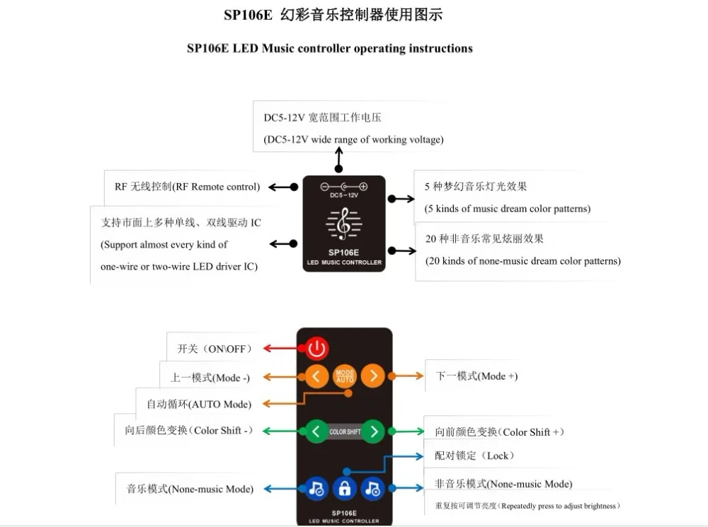 Модель # SP106E; DC 5 V-12 V 9 клавишный светодиодный музыкальный пиксельный ИК-пульт дистанционного управления