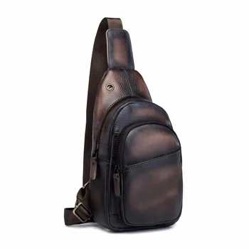 

Men Quality Leather Casual Fashion Travel Chest Pack Sling Bag Design One Shoulder Cross body Bag Daypack 8" Tablet Tea 008-db