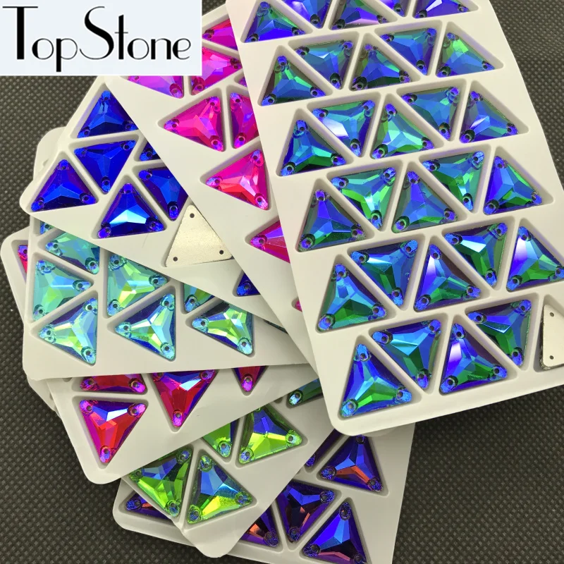 Все размеры цвета AB треугольной формы пришить стеклянные кристаллы, Стразы Flatback с отверстиями 12 мм, 16 мм шитье бисера Ювелирных изделий