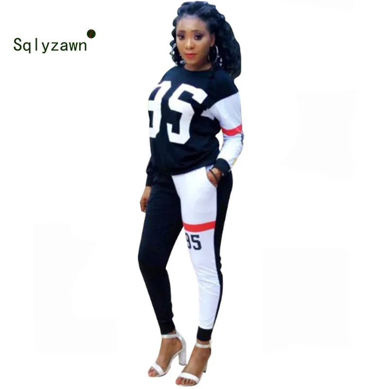 

Women Black White Stitching Letter Print Sportswear Set Women Two Piece Set 2019 Winter T-Shirt Top + Pants Patchwork Tracksuits