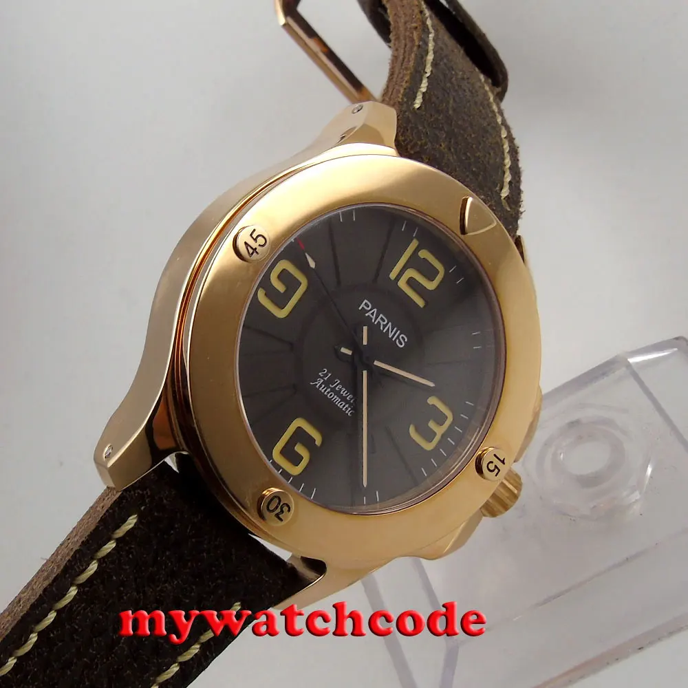 47mm Parnis black dial rose golden case Sapphire Glass leather starp Automatic mens Watch P619 47mm Parnis black dial rose golden case Sapphire Glass leather starp Automatic mens Watch P619