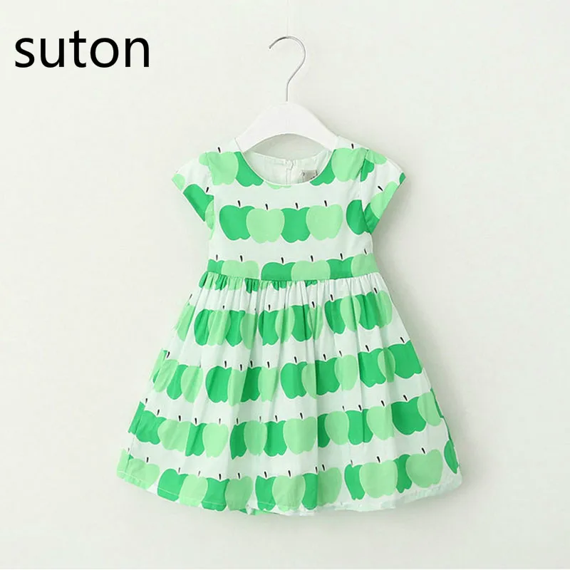 

2018 New Girl Dress Red Green Apple Printing Lacing With Short-sleeved Dress Sweet Cotton Girls Kids Clothes Christmas Gift