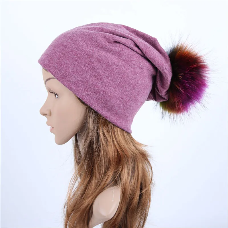 Light Purple C Geebro, женская шапка, осенняя, повседневная, цветная, с помпонами, громоздкая, шапочки, для девочек, Лисий мех енота, с помпоном, женская, с помпоном, шапка Skullies - Цвет: Light Purple C