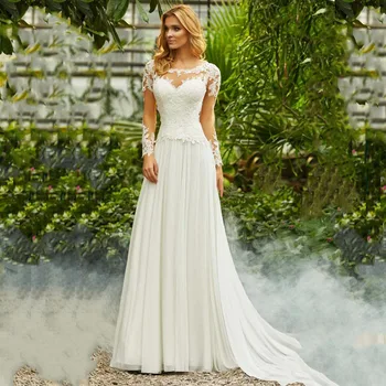 

Beach Wedding Dresses Llong Sleeve Scoop A-Line Appliques Lace Keyhole Back Chiffon Bridal Gown Small Train Free Shipping