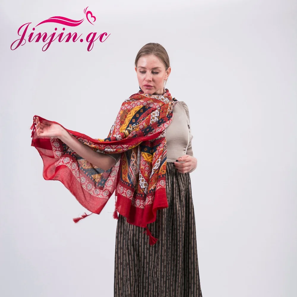 Jinjin.QC 2019 Twill Cotton Spring Scarf women Bohemia Thailand Style Pashmina with Tassels Shawls and Capes Scarves bandana