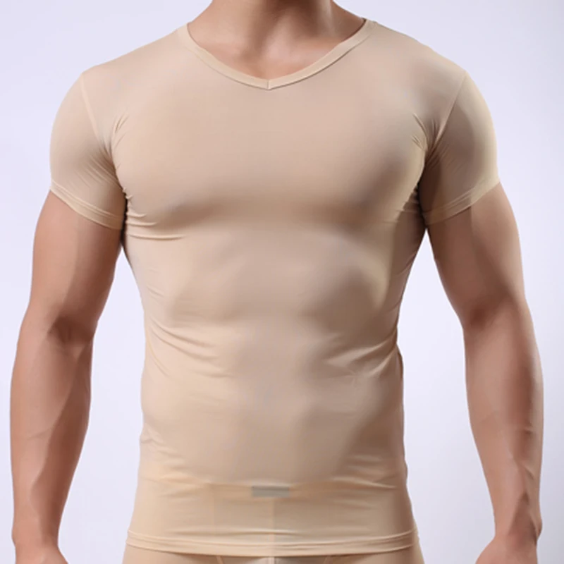 

Man Beige Undershirt/Male Funny Ice Silk Transparent Basic Shirts/Gay Breathable V-neck See Through Tops