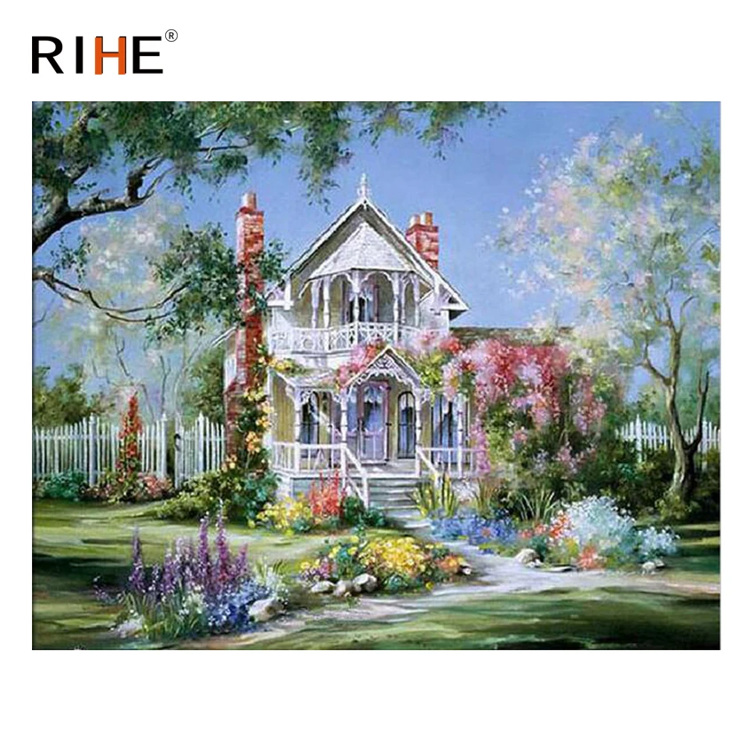 

RIHE Dreamy Villa Diy Painting By Numbers Abstract Garden Oil Painting On Canvas Cuadros Decoracion Acrylic Wall Art Picture