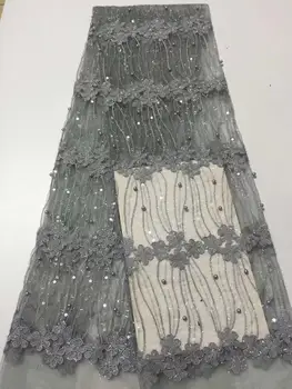 

2019 High Quality Tulle Lace Grey Color African Lace Fabric With Sequins Beads African French Wedding Lace Fabric For 5yards