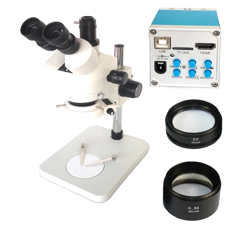 

7-45X or 3.5X -90X Continuous ZoomTrinocular Stereo Microscope + 16MP 1080P HDMI USB Recorder Video Camera with 0.5X 2.0X Lens
