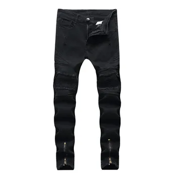 

Men's Jeans Biker Ripped Destroyed Frayed Slim Pleated Male Tide Skinny Black Denim Pants