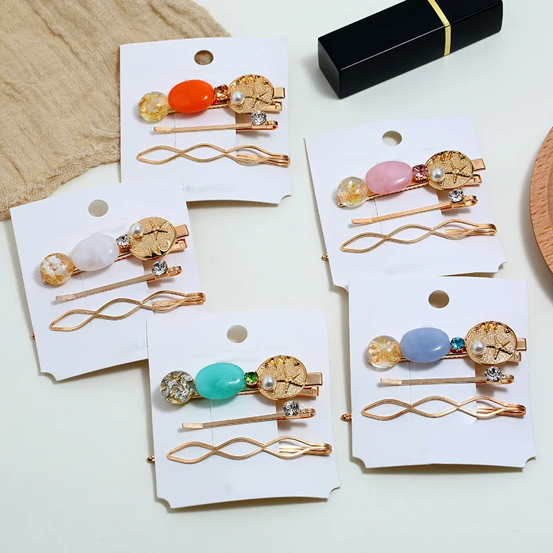 

3PCS Korea Fashion Metal Hairpins Simulated Pearl Colorful Stone Beads Hair Clips for Women Irregular Geometric Hair Accessories