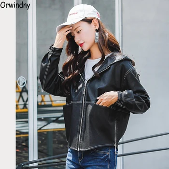 

Orwindny 2020 Spring And Autumn Leather Clothing Women Loose Casual Leather Coat Hooded Have Pockets Black Faux Leather Jackets