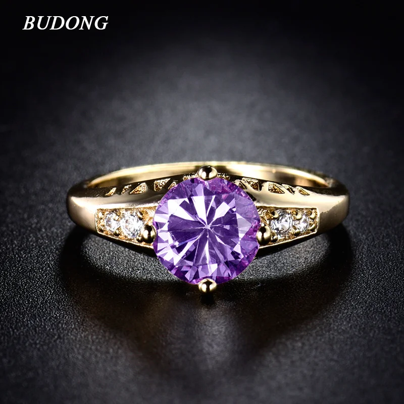 BUDONG Модные кольца для женщин Круглый Блестящий Золотой Цвет Фиолетовый Кристалл циркония для девушек обручальное кольцо XUR118