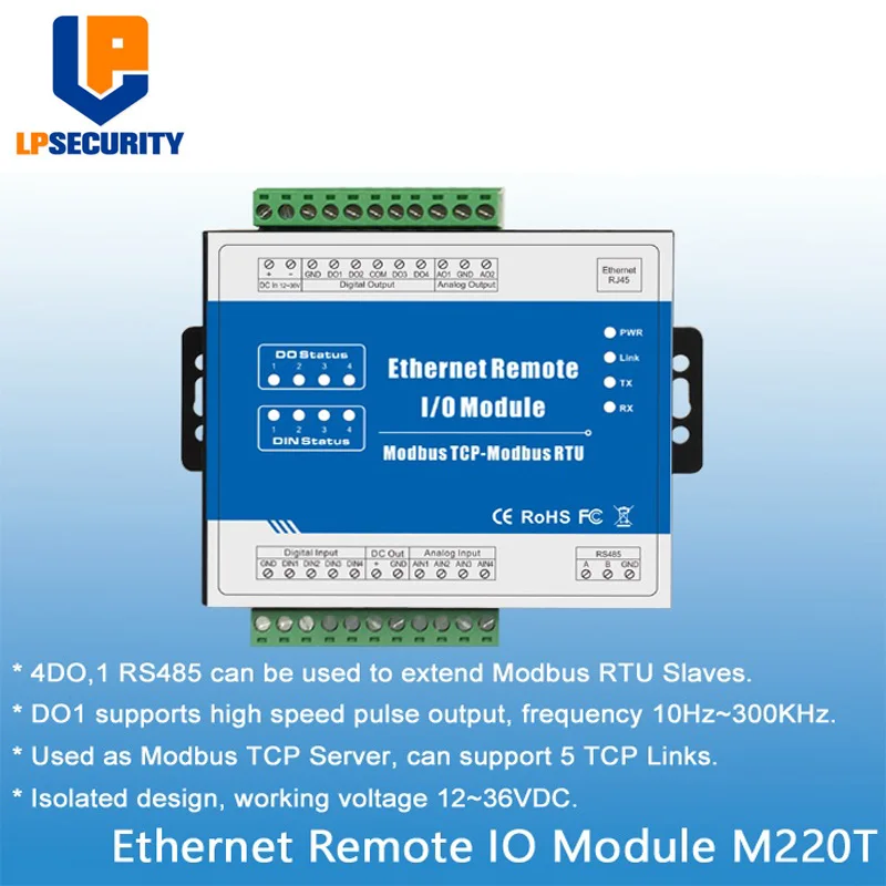 

Modbus TCP RTU Ethernet Remote IO Module Web realtime monitoring 4 Digital Output+RJ45+RS485 support PWM output M220T