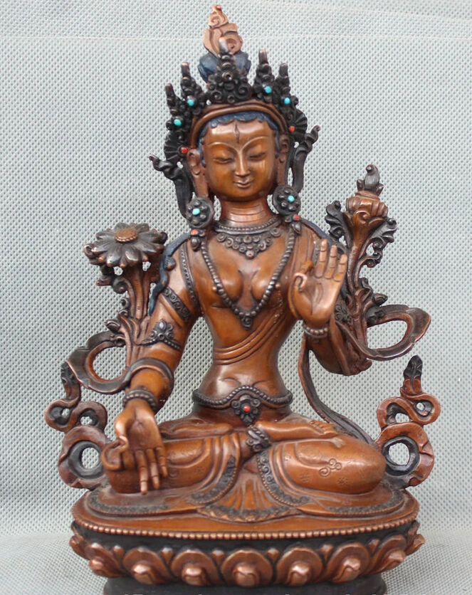 

S5600 9" Tibet Tibetan Purple Bronze Buddhism Seat Green Tara Goddess Buddha Statue D0318