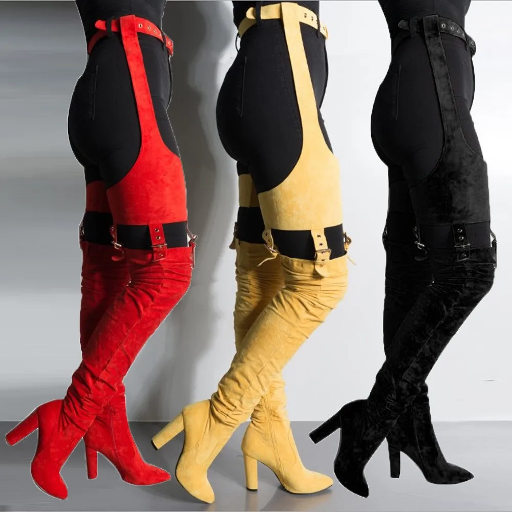 

New Solid Suede Leather Women Over Knee Long Boots Pointed Toe Ladies Belt Thigh High Boots Chunky High heels Long Boots Zip @L