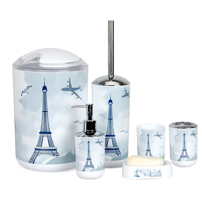 Nordic 6pcs/set Printing Bathroom Accessory Set Lotion Dispenser Toothbrush Holder Tumbler Cup Soap Dish Toilet Brush Trash Can Nordic 6pcs/set Printing Bathroom Accessory Set Lotion Dispenser Toothbrush Holder Tumbler Cup Soap Dish Toilet Brush Trash Can