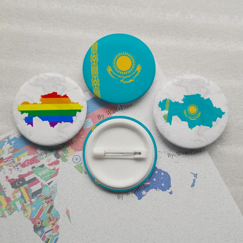 

Kazakhstan Flag Map Tin Button Pins LGBT Gay Rainbow Pride Tin Button Badges