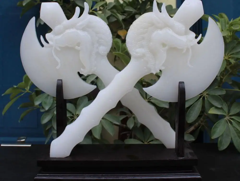 

14" China Natural White Jade Fengshui Dragon Head weapon Two hatchet Axe Statue