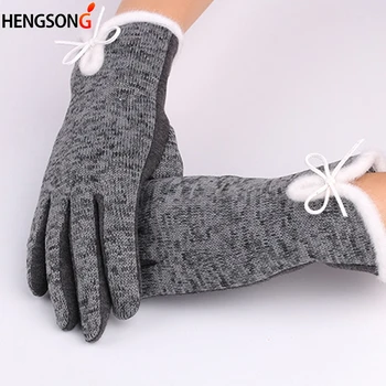 

High Quality Women Winter Wool Gloves Elegant Warm Plush Bow Screen Sense Glove Mittens Cashmere Gloves