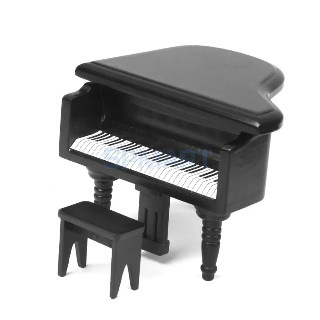 MagiDeal 1/12 Scale Dollhouse Miniature Wooden Piano with Stool Black for Dollhouse Decor Kids Toy