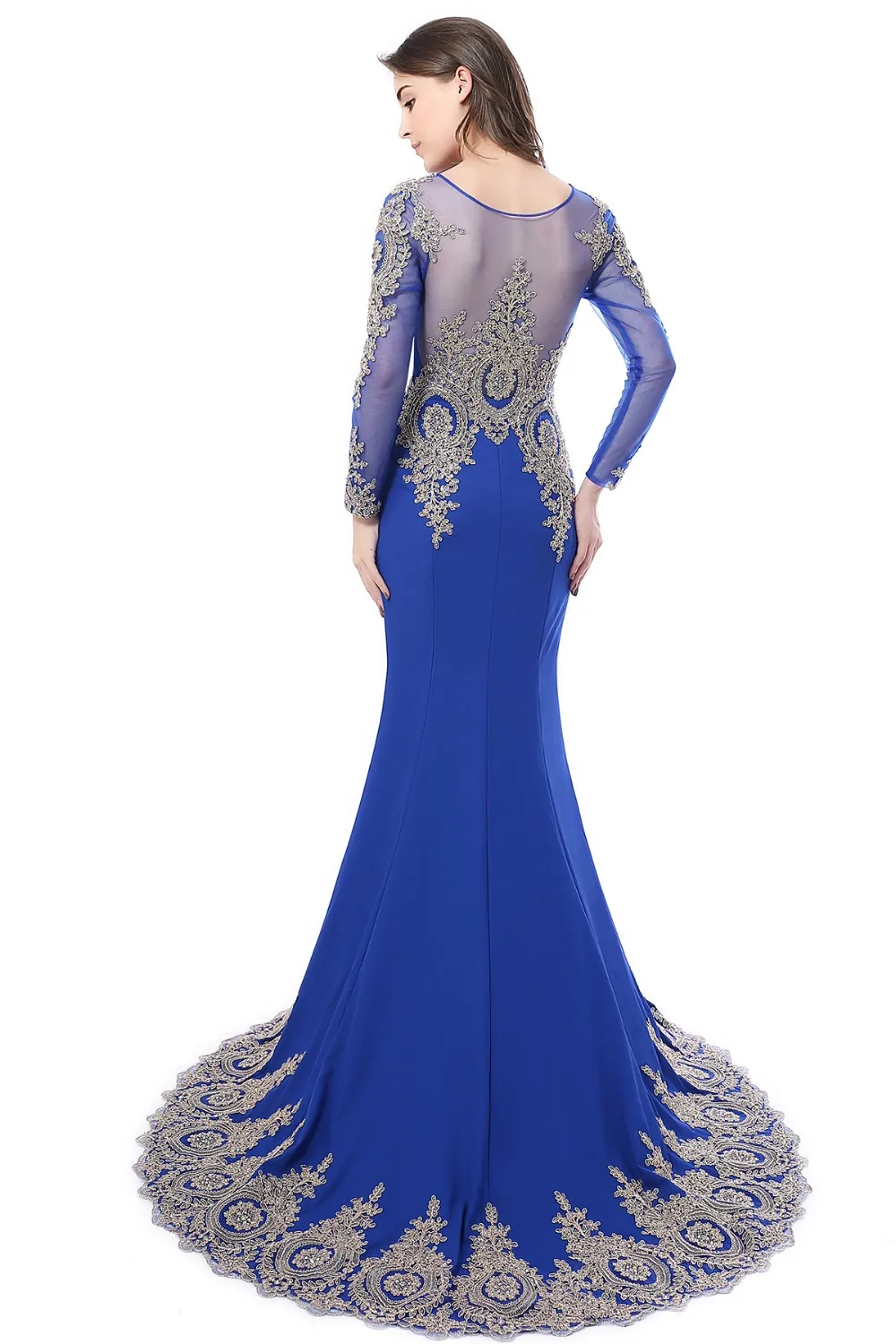 Misshow Русалка вечернее платье Королевский синий длинное торжественное платье Золотое кружевное аппликация с рукавами robe de soiree