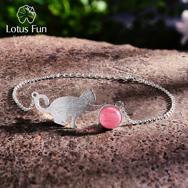 

Lotus Fun Real 925 Sterling Silver Natural Stone Creative Handmade Fine Jewelry Playing Cat Fashion Bracelet for Women Bijoux