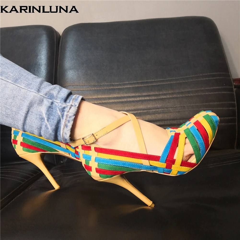 

Karinluna Brand Design Colorful Weaving Big Size 47 Sexy Party Women Shoes Summer Thin High Heels Shoes Woman Pumps Sandals