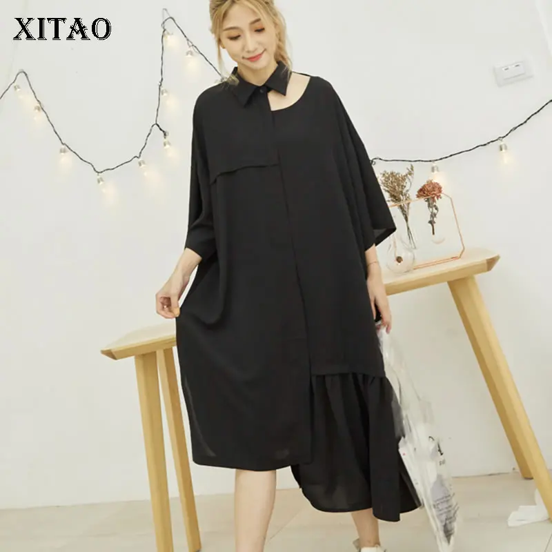 

[XITAO] Women 2019 Spring Summer Turn-down Collar Three Quarter Sleeve Loose Dress Female Solid Color Hollow Out Dress ZQ1025