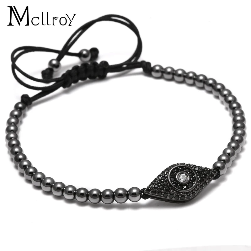 Mcllroy Fashion Style Pave Eye Connector & 4MM Round Beads Bracelets & Bangles Braided Macrame Men Bracelets Jewelry