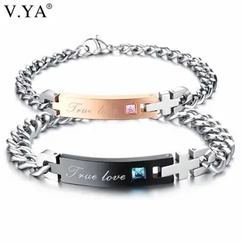 

V.YA High Quality Couple "True Love"Bracelets For Lover's Fashion Stainless Steel Bracelets Blue Pink Cubic Zirconia Jewelries