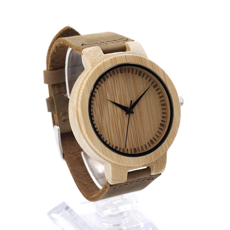 BOBO BIRD Simple Men Watches Bamboo Case Leather Strap Wooden Wristwatch for Male in Gift Box