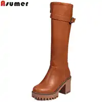 ASUMER ขนาดใหญ่ 34-43 ฤดูใบไม้ร่วงฤดูหนาวรองเท้าผู้หญิงรอบ toe zip แพลตฟอร์มรองเท้าส้นสูงรองเท้า buckle เข่าสูงรองเท้าผู้หญิง 2019 ใหม่