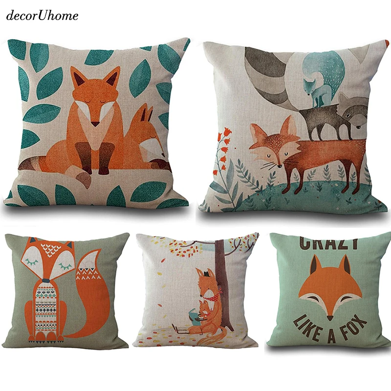 

decorUhome Nordic Cute Cushion Cover Fox Children Linen Decorative Cushion Covers for Sofa Pillow Case Funda Conjin Almofadas