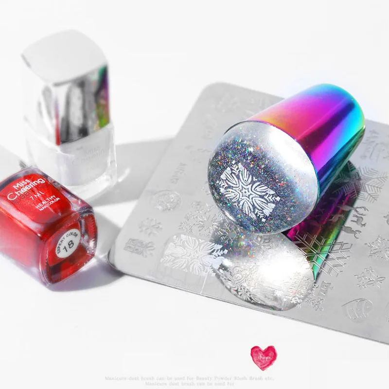 

4cm laser Nail Stamper Shining Holographic Head Clear Silicone Rainbow Handle Stamper for Nail Art Stamping Plate Tools