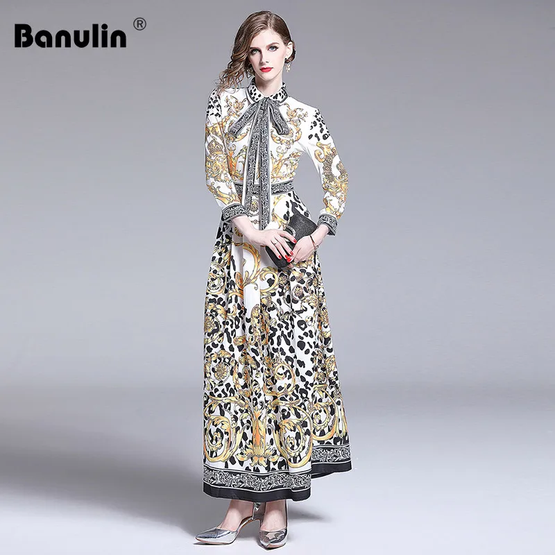 

Designer Dresses Runway 2019 High Quality Fashion Summer Dress Women Bow Neck Vintage Print Long Maxi Dress Robe Femme Ete