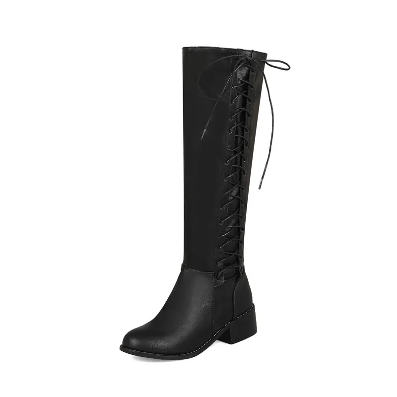 VIGOR/сапоги свежести; женская обувь; теплые высокие сапоги; женские сапоги до колена; Осенняя обувь; сексуальные зимние сапоги на каблуке с перекрестной шнуровкой; MY81 - Цвет: Black PU