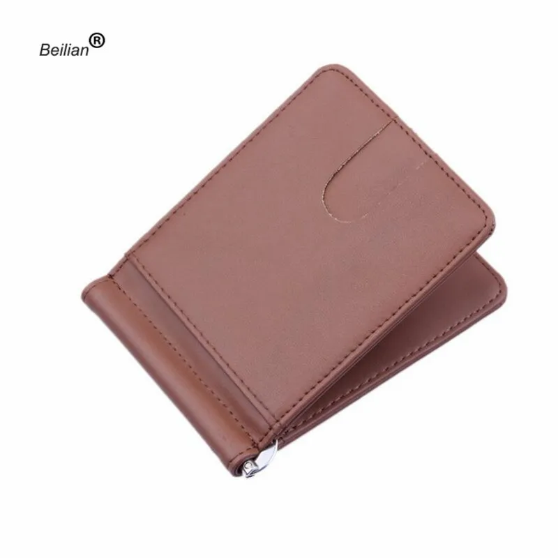 Top Quality Wallet Men Money Clip Mini Wallets Male Vintage Crazy Horse Genuine Leather Purse Leather Card Holers with Clamp - Цвет: brown