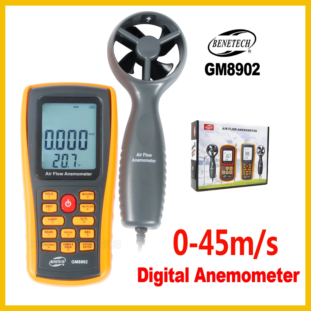 Цифровой анемометр, измеритель скорости ветра, тестер воздушного потока, измерение 0~ 45 м/с, с USB, Портативный анемометр, термометр, GM8902-BENETECH