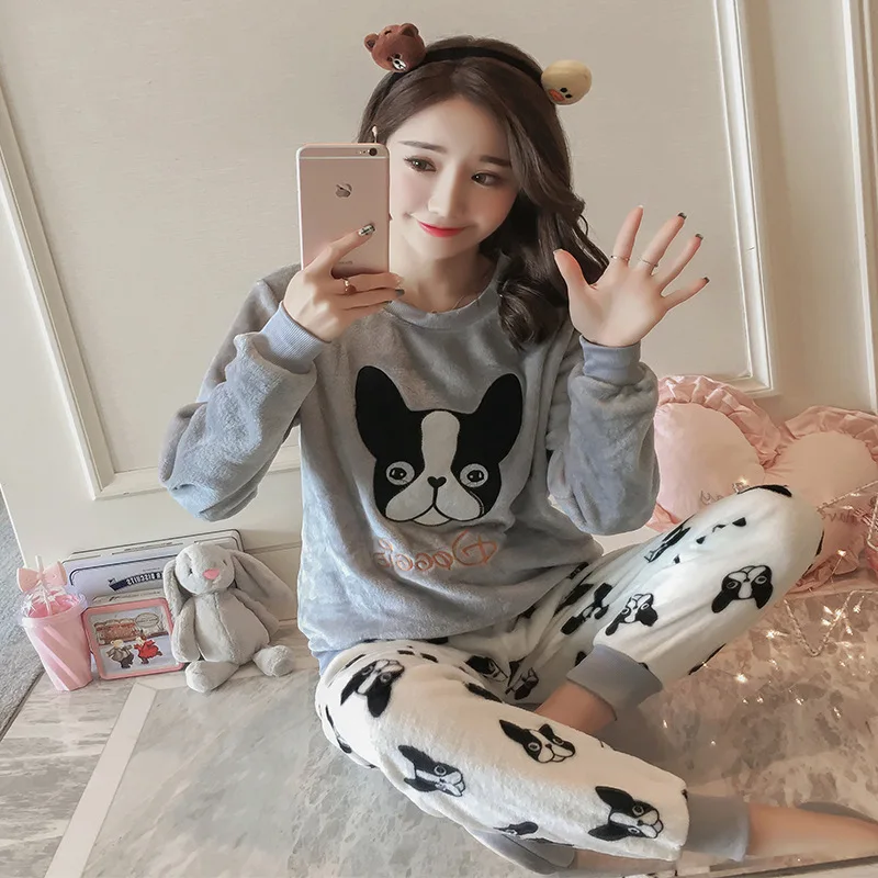 Cena Flanelowe zimowe damskie piżamy zestaw piżamy odzież domowa z długim rękawem Cartoon Pijama zestaw piżamy damskie piżamy grube ciepłe bielizna nocna