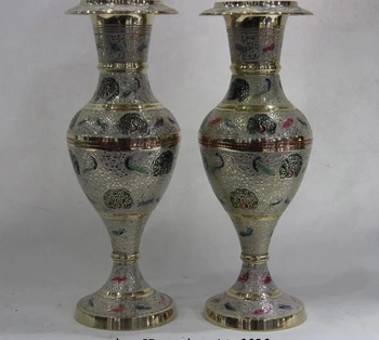 

Nepal Pure Bronze Copper White Painted Peacock peafowl Bird Pot Bottle Vase Pair