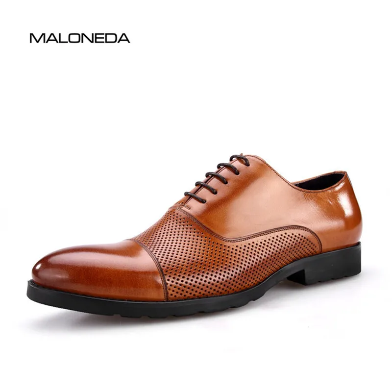 

MALONEDA Men Summer Dress Shoes Leather Handmade Hollow Breathable Lace up Oxfords Shoes