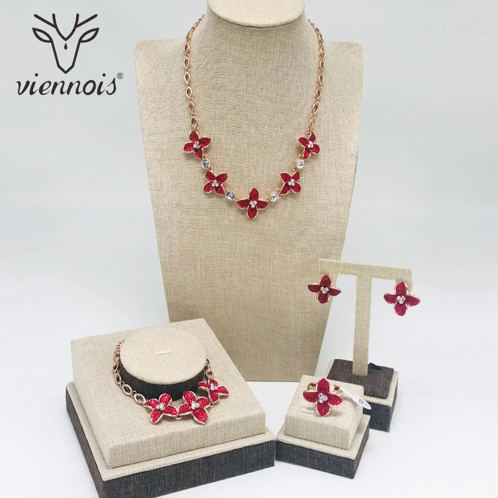 

Viennois New Red Gold Color Necklace Set For Women Flower AAA Zircon Stud Earrings Set Party Jewelry Set 2018