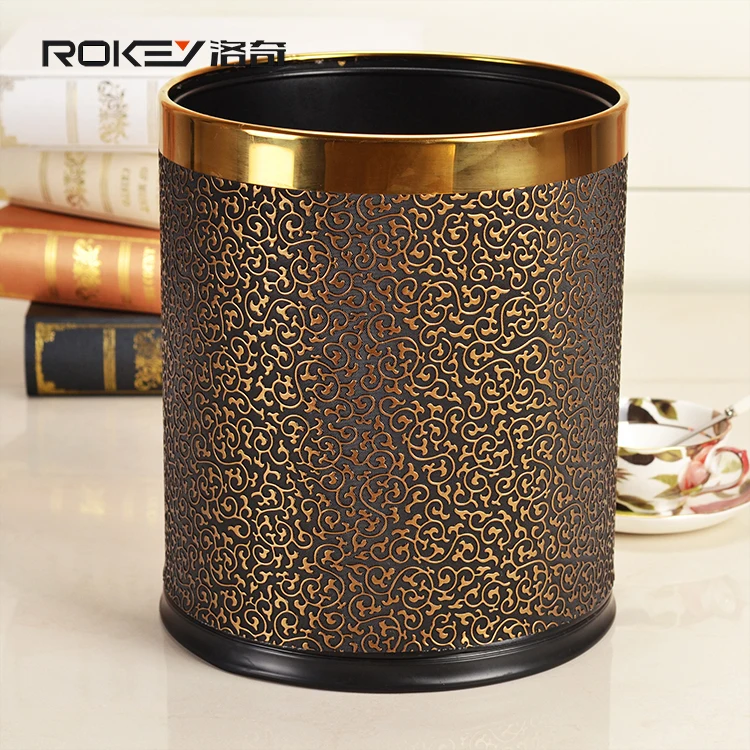 luxury double layer opentop round leather waste basket stainless steel metal trash can garbage case container decorative planter - Decorative Trash Cans luxury double layer opentop round leather waste basket stainless steel metal trash can garbage case container decorative planter - Decorative Trash Cans