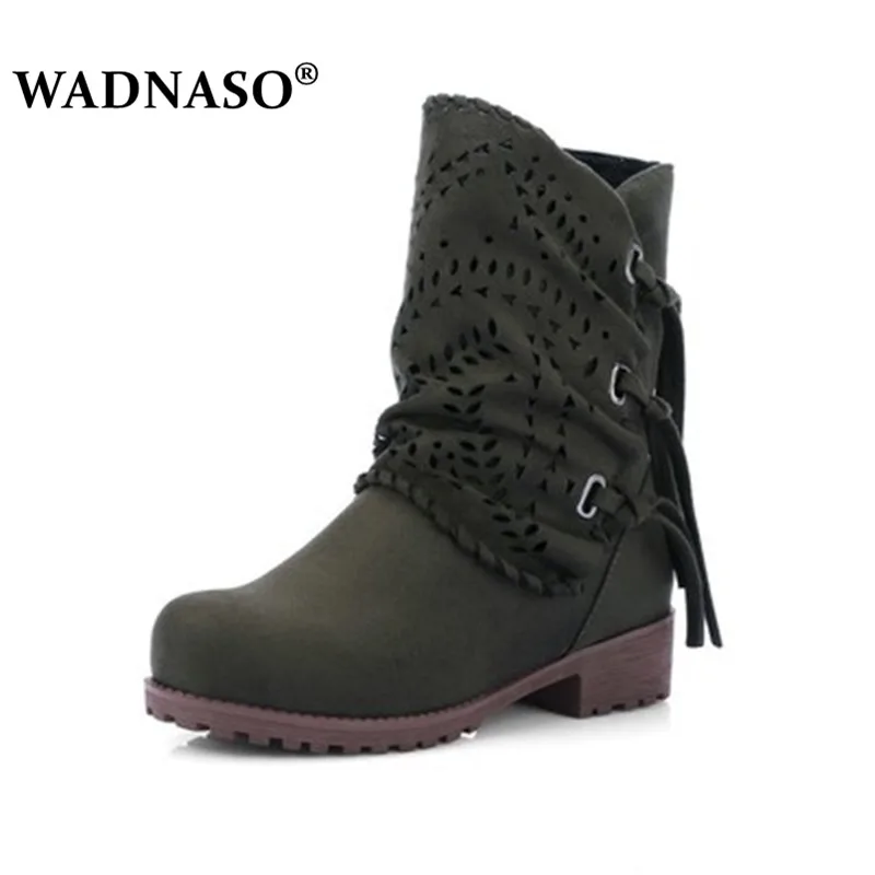 

New Women Fringe Spring Autumn Motorcycle Boots Nubuck Buckle Strap Ankle Western Boots Cowboy Round Toe Women Shoes 43