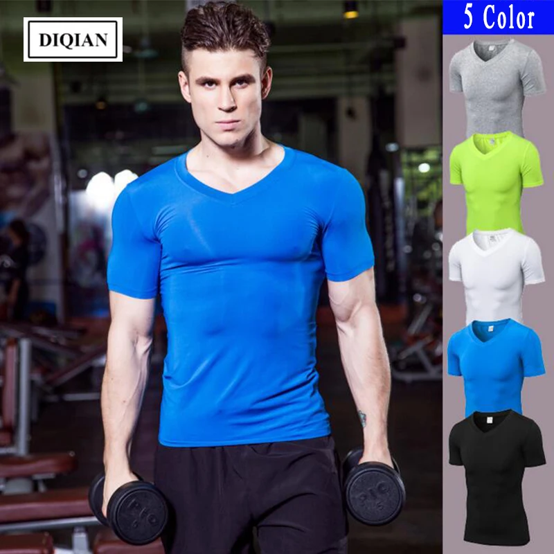 2018 New Arrival Bodybuilding Men Running T-shirt Solid Color Fitness Sport T-shirts Short Sleeve Quick-drying V-neck Tees Tops | Спорт и