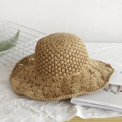 

Spring and summer CROCHET NEW Straw Hat Lady big edge hollow sunshade hat foldable eaves hat Beach Hat outdoor hat