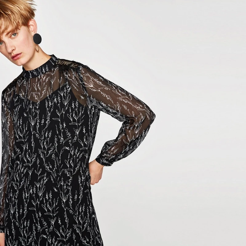 HYH HAOYIHUI Lace Patchwork Printed Pattern Dress Key Hole Back Long Sleeve Shift Women Dresses Vintage Party Mini Fashion|women dress