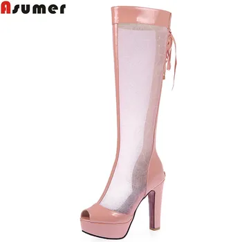 

Asumer Plus size 34-44 new fashion women's knee high boots peep toe platform shoes women sandals sexy lace up summer boots