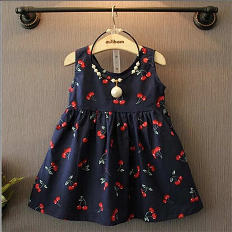 

New girls dress 2016 summer cute cherry print girls vest sundress kids sleeveless beach dress for children cotton clothes
